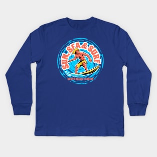 Vintage Sun, Sea & Surf South Beach, Florida // Retro Surfing // Surfer Catching Waves Kids Long Sleeve T-Shirt